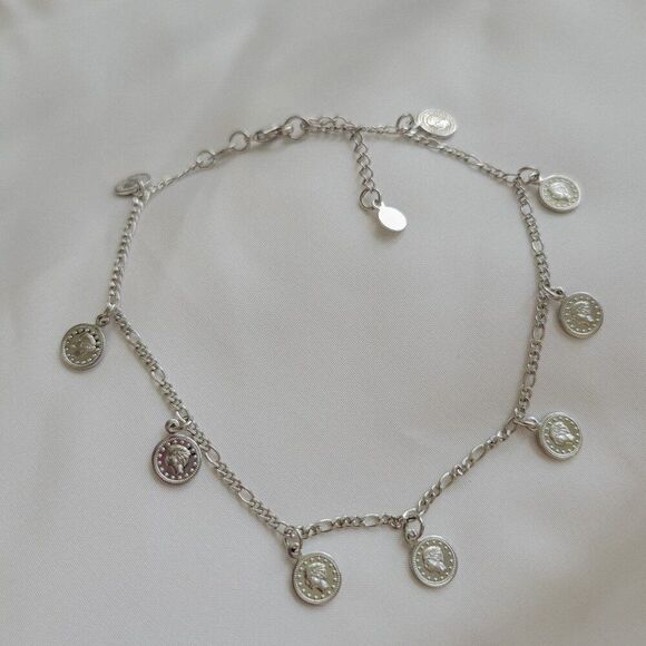 Silver Color Coin Charm Chain Anklet - Picture 1 of 5